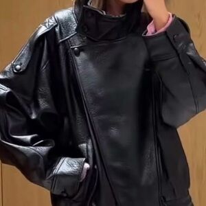 Black Faux Leather Asymmetrical Zip Jacket - Women